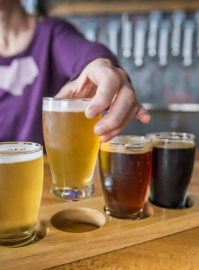 "This image shows a local Asheville brewery, with people enjoying craft beers and a cozy, inviting atmosphere."