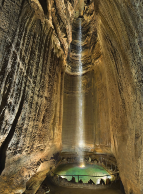  This image shows Ruby Falls, a stunning 145-foot underground waterfall illuminated by colorful lights. It captures the beauty of Tennessee’s limestone caves and Ruby Falls’ natural wonder.