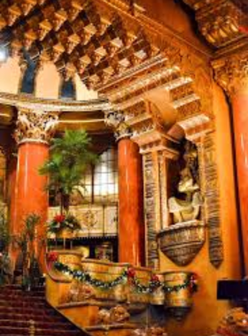 "This image shows the grand interior of Fabulous Fox Theatre, with ornate decor, opulent chandeliers, and an intricately designed stage area. The historic theater’s luxurious style reflects the elegance of classic movie palaces from the 1920s."