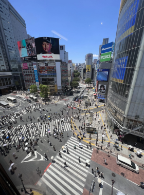  This image shows the iconic Shibuya Crossing in Tokyo, with hundreds of pedestrians crossing from all directions. The large digital billboards light up the busy intersection, while the surrounding buildings showcase the vibrant and fast-paced energy of Tokyo, especially during rush hour.