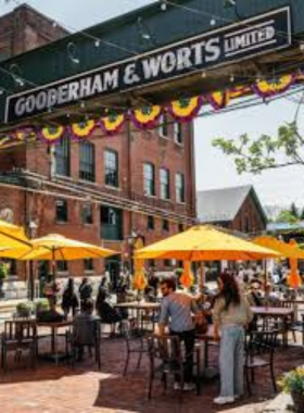  This image shows the Distillery District’s cobblestone streets lined with historic buildings. The charming area combines Toronto’s industrial heritage with a lively arts scene, where visitors can explore galleries, boutiques, and enjoy performances. The pedestrian-only setting adds to the district’s old-world charm and unique appeal.