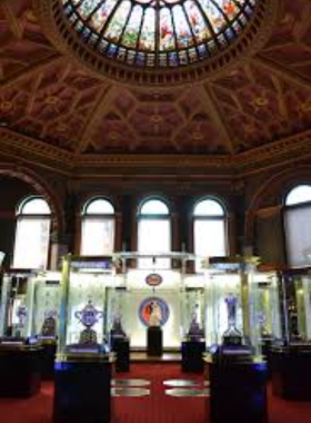 This image shows the trophy room in the Hockey Hall of Fame, filled with historic awards and memorabilia. The Hall honors the history and excitement of hockey, celebrating Canada’s love for the sport and showcasing achievements of legendary players in a place dedicated to hockey’s heritage.