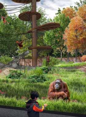 This image shows a wildlife habitat at Toronto Zoo, featuring naturalistic settings that house various animal species. The zoo’s extensive exhibits provide visitors with educational and interactive experiences, offering close-up views of animals from around the world and promoting conservation awareness.