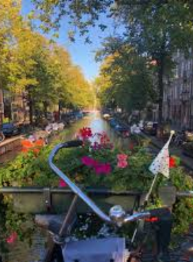 This image shows a quaint street in Amsterdam’s Jordaan neighborhood, featuring cobblestone pathways, charming houses with flower-filled windows, and a peaceful canal.