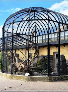 This image shows a view inside Artis Royal Zoo in Amsterdam, with diverse animals and lush landscapes, as well as the Micropia museum showcasing the world of microbes.