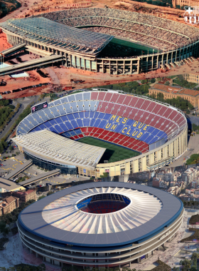 This image shows the Camp Nou stadium in Barcelona, the iconic home ground of FC Barcelona, where football fans gather to watch exciting matches and explore the club’s history.