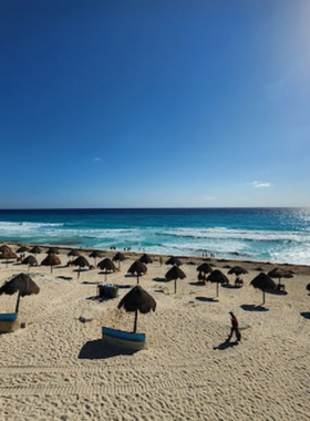 This image shows Playa Delfines, one of the best beaches in Cancún, with clear blue waters, soft sand, and fewer crowds, perfect for a peaceful day at the beach.