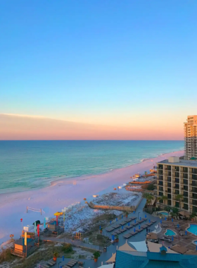 This image shows the tranquil Miramar Beach, with soft white sands, gentle waves, and beachgoers relaxing under vibrant umbrellas on a sunny day.

