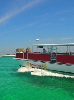  This image shows a high-speed Hydrojet boat cruising through waves with smiling passengers, offering a thrilling adventure and dolphin sightings.

