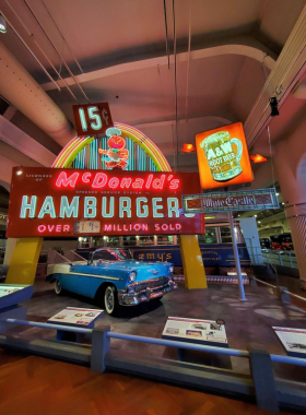 This image shows the remarkable exhibits at the Henry Ford Museum, including vintage cars and historic artifacts of American innovation.