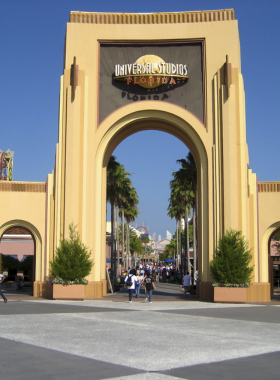 "This image shows the thrilling attractions at Universal Studios Florida, with roller coasters, movie-themed rides, and excited visitors exploring the park's immersive world of entertainment."