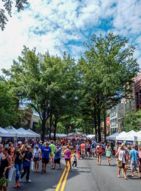 This image shows a bustling Greenville Farmers Market with vendors selling fresh fruits, vegetables, and artisanal goods. The market brings together the community and promotes local produce.