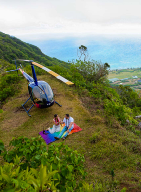 This image shows a helicopter soaring above Oahu, offering breathtaking aerial views of Diamond Head, Waikiki Beach, and the island’s lush landscape. The helicopter provides a unique perspective of the island’s natural beauty.