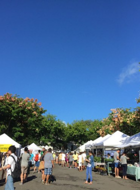 This image shows a vibrant scene at the Honolulu Farmers Market, where locals and visitors shop for fresh produce, tropical fruits, and handmade goods. Colorful fruits and vegetables highlight the island’s agricultural abundance.