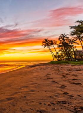 This image shows Ka’anapali Beach with golden sands, clear waters, and people enjoying sunbathing, swimming, and water sports.