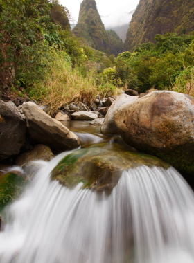 This image shows the lush greenery of 'Iao Valley State Monument, highlighting the iconic 'Iao Needle and peaceful hiking paths.
