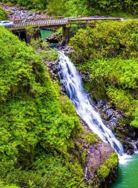 This image shows a zipline adventure over Maui’s lush rainforests, offering views of treetops, valleys, and waterfalls below.