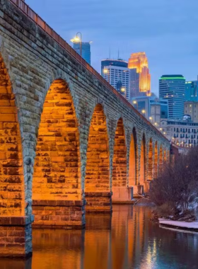 This image shows that the Stone Arch Bridge in Minneapolis spans the Mississippi River, offering beautiful views of the city and surrounding landscapes, especially at sunset.