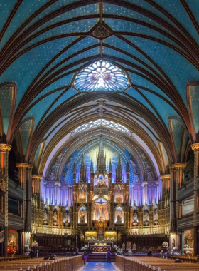 This image shows the stunning interior of Notre-Dame Basilica, with its beautiful stained glass windows and intricate Gothic architecture, symbolizing Montreal’s religious heritage.