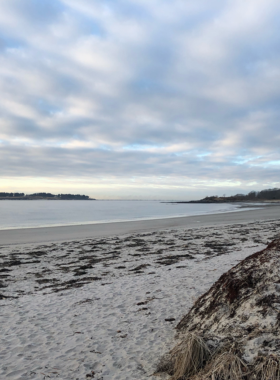 This image shows a peaceful sunset at Crescent Beach State Park, with visitors walking along the sandy shore and enjoying the beautiful coastal views.
