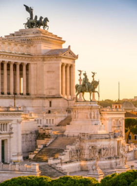 This image shows Capitoline Hill in Rome, showcasing panoramic views of the city, the beautiful Piazza del Campidoglio designed by Michelangelo, and the captivating bronze statue of Marcus Aurelius. The hill houses the Capitoline Museums, where visitors can explore ancient sculptures and Renaissance art. It is a perfect blend of Roman history and artistic brilliance, offering a serene escape from the bustling city.