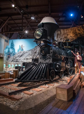 This image shows a vintage steam engine on display at the California State Railroad Museum. The museum offers an educational experience, showcasing the impact of the railroad on California’s growth and development during the Gold Rush era.