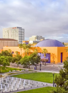 "This image shows the entrance of The Tech Interactive Museum in San Jose, showcasing a futuristic design with interactive exhibits that highlight technology and innovation, perfect for families and tech enthusiasts."