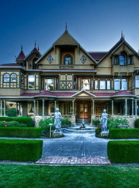 "This image shows the mysterious Winchester Mystery House in San Jose, featuring its famous maze-like architecture with endless hallways and stairs leading to nowhere, sparking curiosity and ghostly tales."