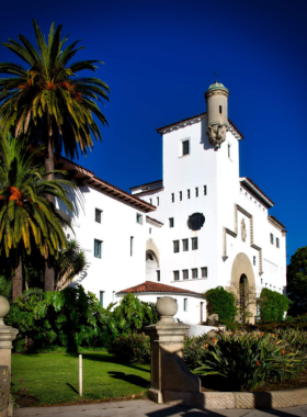 This image shows that the Santa Barbara County Courthouse is a beautiful Spanish-Moorish building, offering impressive murals, tile work, and a stunning view of the city from its clock tower.