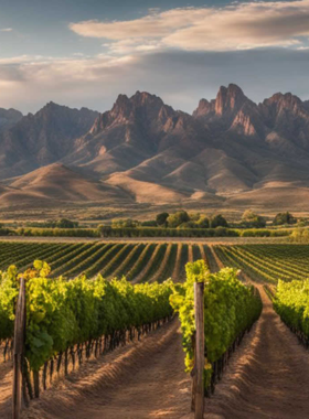  This image shows a scenic Sedona vineyard, with guests enjoying a wine-tasting session amid rolling hills and majestic red rock formations under the warm Arizona sun.