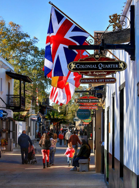  "This image shows the Colonial Quarter, a living museum where visitors can explore St. Augustine’s history from the 16th to the 18th centuries. It features historical reenactments such as musket drills and shipbuilding, bringing the past to life."