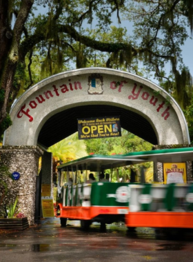 "This image shows the Fountain of Youth Archaeological Park, where Ponce de León is believed to have searched for the legendary fountain. Visitors can explore exhibits on early Spanish settlers, Native Americans, and the myth surrounding the fountain."
