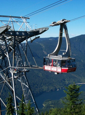 "This image shows hikers making their way up Grouse Mountain, surrounded by lush forest, with the Vancouver city skyline and snow-capped mountains in the distance."