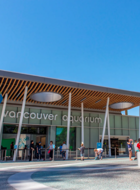 "This image shows a family visiting the Vancouver Aquarium, with children watching sea otters and marine life up close, illustrating the aquarium’s focus on ocean conservation."