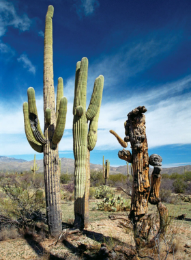 This image shows the towering saguaro cacti of Saguaro National Park in the Sonoran Desert, illustrating the park’s unique ecosystem and the iconic plants that have become a symbol of the American Southwest.