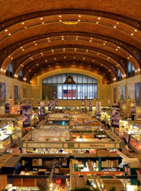  This image shows the vibrant West Side Market in Cleveland, with colorful stalls offering fresh produce, meats, and specialty foods, capturing the essence of the city's diverse culinary culture.

