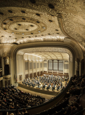  This image shows the Cleveland Orchestra performing at Severance Hall, with musicians playing on stage under the venue's stunning architecture and excellent acoustics.

