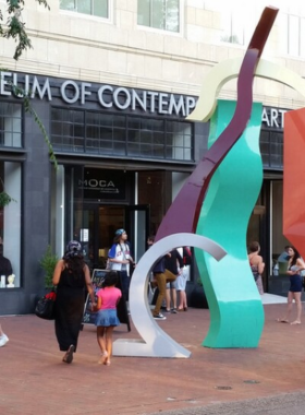 This image shows the contemporary facade of MOCA Jacksonville, with modern art installations visible through large glass windows. It captures the museum’s dynamic role in promoting creativity, innovation, and contemporary art in Northeast Florida.