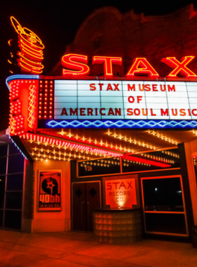 "This image shows the entrance to the Stax Museum of American Soul Music in Memphis, where visitors learn about the rich history of soul music and legendary artists like Otis Redding and Isaac Hayes."