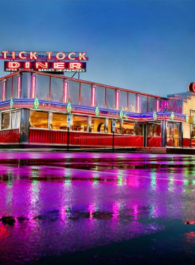  This image shows the cozy retro interior of a classic New Jersey diner, with booths, chrome accents, and delicious food being served.