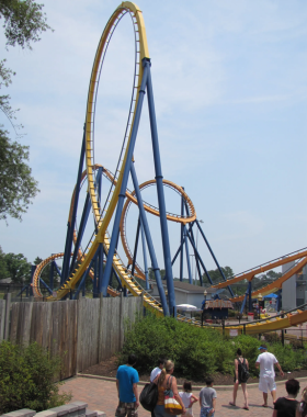 This image shows the exhilarating roller coasters at Kings Dominion amusement park, located near Richmond. With a variety of thrilling rides, Kings Dominion is a popular destination for families and thrill-seekers looking for fun and excitement.