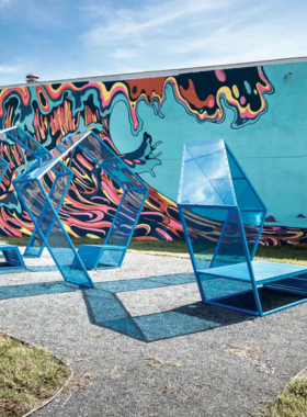  This image shows that the ViBe Creative District is a colorful neighborhood filled with art galleries, murals, and unique boutiques, where visitors can explore local culture and creativity while enjoying the vibrant atmosphere.