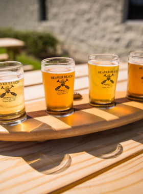 This image shows that Virginia Beach is home to many local breweries where visitors can enjoy tasting a variety of craft beers, listen to live music, and relax in vibrant, welcoming settings with friends and family.