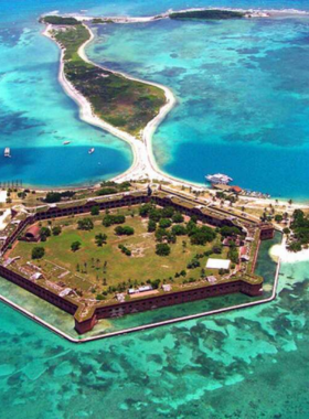 This image shows Fort Zachary Taylor Historic State Park in Key West, featuring a historic military fort and scenic beach. It's a popular destination for history enthusiasts and beachgoers alike.