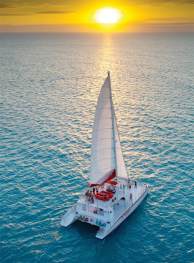 This image shows a sunset sail with live music in Key West, where visitors can enjoy stunning views of the sunset while listening to soothing tunes on a relaxing boat ride across the Gulf of Mexico.