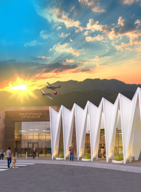 This image shows vintage military aircraft on display at the Palm Springs Air Museum, showcasing historic warplanes and helicopters in a well-preserved museum setting dedicated to aviation history.