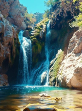  This image shows the stunning waterfall in Tahquitz Canyon, surrounded by rocky cliffs and desert plants, with hikers exploring the scenic path leading to this natural beauty.