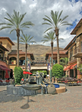 This image shows Palm Canyon Drive, lined with shops and restaurants, bustling with pedestrians and colorful palm trees, showcasing the vibrant heart of downtown Palm Springs.