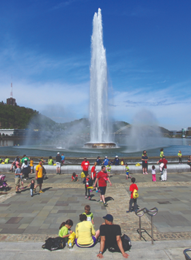 "This image shows the iconic fountain at Point State Park, located at the confluence of Pittsburgh’s three rivers. The large fountain sprays high, symbolizing the city’s historic roots and providing a scenic spot for relaxation and city views."
