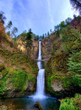 This image shows the breathtaking Multnomah Falls in Oregon, the tallest waterfall in the state. The cascading water creates a stunning natural spectacle, surrounded by lush green forest and a scenic bridge.